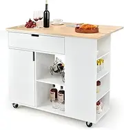 Giantex Kitchen Island Cart, Large Trolley Cart w/Drop-Leaf Tabletop, Large Cabinet, 3 Drawers, Spice Rack, Towel Rack, Rolling Serving Trolley Cabinet, Kitchen Island Trolley (White)
