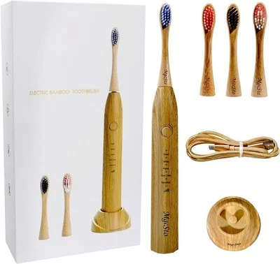Electric Bamboo Toothbrush Sonic Toothbrush - 4 Replaceable Bamboo Brush Head...