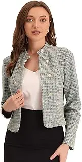 [Allegra K] Vintage Tweed Blazer for Women's Stand Collar Work Office Open Front Short Jacket