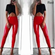 Women Slim High Waist Pants Leggings Casual PU Leather Stretch Pencil Pants Autumn And Winter red 2XL
