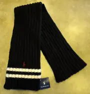 New Polo Ralph Lauren Ribbed Knit Lambs Wool Cashmere Black Scarf Burgundy Logo