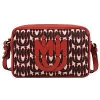 在飛比找Yahoo奇摩購物中心優惠-MIU MIU LOGO織布可愛皮革LOGO斜背相機包(紅)
