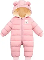 [Happy Cherry] Toddler Baby Pram Suit Hooded Jumpsuit Baby Thicken Fleece Lined Romper Snowsuit Pink, 12-18 Months