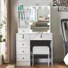 Vanity Desk & Mirror & Lights Adjustable Brightness Modes & Stool & 6 Drawers