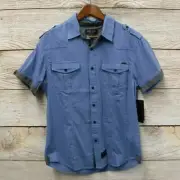 Shirt Marc Ecko Cut & Sew Mens Medium Blue Striped Dobby Stretch Button New