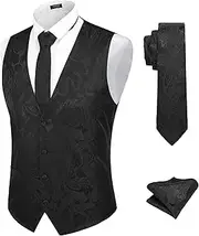 [COOFANDY] Men's Vest Tie Set 3PC Paisley Floral Jacquard Waistcoat and Necktie Pocket Square Vests for Suit Tuxedo Wedding