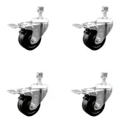 3 Inch SS Phenolic Swivel 3/8 Inch Threaded Stem Caster Set Total Lock Brake SCC