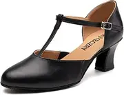 [RUYBOZRY] Character Shoes for Women T-Strap Closed Toe Latin Salsa Tango Standard Ballroom Dance Shoes,Model D29-Suede Sole-2.33”Heel, Black, 8