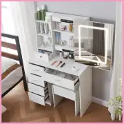 White Dressing Table Makeup Vanity Table LED Sliding Mirror with Storage Cabinet