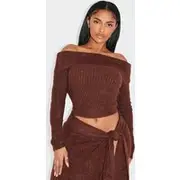 Shape Brown Fold Over Rib Knit Top, Brown