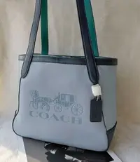 在飛比找樂天市場購物網優惠-現貨在台~ COACH 嬰兒藍綠邊馬車LOGO 托特包-大款