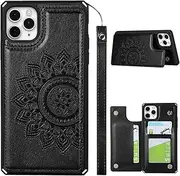 Cavor for iPhone 11 Pro Case Flower PU Leather Wallet Flip Magnetic Clasp Protective Back Cover Kickstand with Lanyard Card Slots Holder Shockproof Case-Horizontal Mandala Black