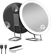 Nicoone Magnifying Mirror, 30 x Hand Mirror with Light, 3 Colours, Dimmable Makeup Mirror with 3 Suction Cups