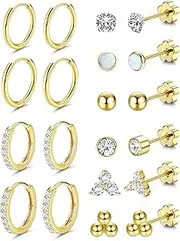 [Kakonia] Hypoallergenic Surgical Steel Flat Back Earrings for Multiple Piercing | 14K Gold Silver Small Cartilage Huggie Hoop Earrings Tiny CZ Opal Ball Sun Flatback Stud Earrings Set for Women Men for Sensitive Ears 20G