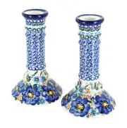 Blue Rose Polish Pottery Garden of Blue Candlestick Pair