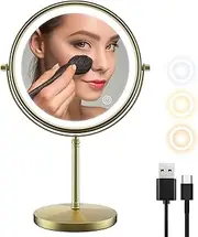 zelaxy Makeup Mirror 8 Inch, Vanity Mirror with Lights, Rechargeable Double Sided 1X 10X Magnifying Mirror, 3 Color Lighting, Touch Sensor Dimming, Brightness Adjustable(Bronze)