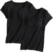 [HGps8w] Womens Built in Bra T-Shirt Short Sleeve Comfy Modal Padded Yoga Tops Basic Solid Stretch Undershirts Pack of 2