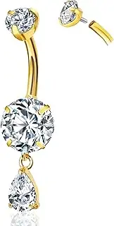 [WINSENET] 14G Titanium Gold Belly Button Ring Dangle Teardrop Navel Belly Ring for Women Hypoallergenic Belly Ring CZ Internally Threaded Belly Body Piercing Jewelry, 14G, Titanium, cubic zirconia