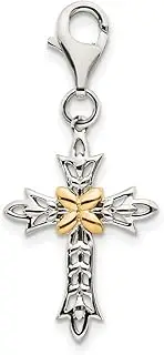[JewelryWeb] 925 Sterling Silver Fancy Lobster Closure With 14ct Yellow 3 d Artisan Oxidized Religious Faith Cross W-Lobster Clasp Charm Pendant Necklace 30x15mm