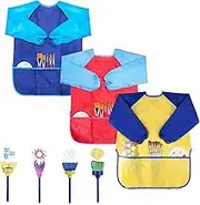3 Pcs Kids Art Smocks, Children Apron Toddler Smock Waterproof Artist Painting Aprons Long Sleeve with 3 Pockets Kids Painting Apron, Art Craft Aprons + 4 Sponge Brushes