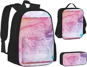 [ERCgad] Colorful Marble Pastel Red Blue Purple Print Canvas 3-In-1 School Bags Set Backpack Lunch Bag Pencil Case Combo For Men Women, Black, One Size
