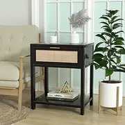 Anmytek 24" H Wood Nightstand, Mid-Century Modern End Table with Storage Drawer and Open Shelf Rattan Bedside Table Small Side Table for Living Room Bedroom, Black, H0020