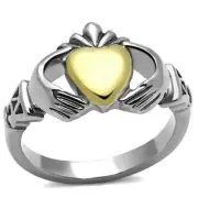 Stainless Steel Irish Celtic Gold Plate Heart King Claddagh Promise Ring