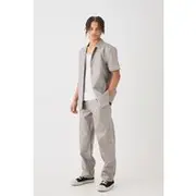 Mens Grey Short Sleeve Revere Piped Pu Shirt & Trouser Set