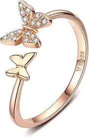[Kokoma] Sterling Silver Cute Butterfly Open Rings for Women Girls Adjustable Birthstone CZ Crystal Dainty Animal Statement Promise Engagement Wedding Ring Eternity Finger Band Xmas Party