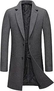 [Qolkmuiy-GJ] Men's Single Breasted Mid-Length Overcoat Classic Slim Fit Quilted Pea Coats Wool Blend Premium Top Coat
