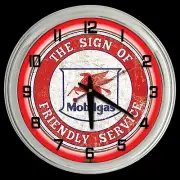 16" Mobil Gas Friendly Service Sign Red Neon Clock Man Cave Garage Oil