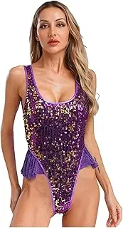 [Yihuimin] Women Sparkly Sequins One Piece Swimsuit Sleeveless Ruffle High Leg for Party Dance