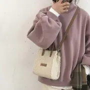 Women Winter Shoulder Bag Lamb Wool Warm Soft Autumn Ins Square Cross-body Portable Casual Beige Khaki Girls Preppy Style Beige