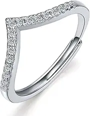 [Ticome] Sterling Silver Wishbone V-Shaped Stackable Ring - Straight Diamond, Couples, Engagement and Wedding - Inlaid Design, Mosonite, No Gemstone