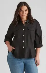 Autograph Shirt Jacket Shacket Plus Size 24 Black Linen/Viscose Button Up Collar
