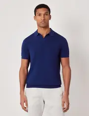 Hawes & Curtis Royal Blue Open Collar Knitted Cotton Polo Shirt | Short Sleeve Size: XXL