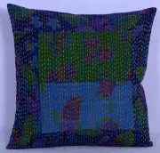 16" INDIAN FLORAL CUSHION COVER Kantha Work Patchwork Throw Embroidered Decor