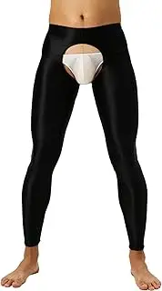 [Jhaoyu] Mens Open Crotch Glossy Pants High Waist Leggings Slim Fit Underwear Training Clubwear