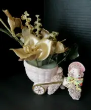 Vintage PINK SPAGHETTI POODLE DOG and FLOWER CART PLANTER Classica Inc. ~ JAPAN