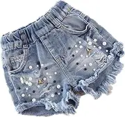 [HYYSXBW] 1-12 Years Girls' Denim Shorts Retro Nostalgic Hole Pearl Children's Jeans Shorts