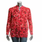 ANNE KLEIN Size 12 Long Sleeve Printed Chiffon Blouse Shirt Top RED