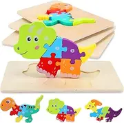 Wooden Dinosaur Puzzles for Toddlers 2-4, 3-Pack Montessori Toys for 3 Year Old, Montessori Toys for 3 Year Old, Toddler Learning Toys for Ages 2-4, Ideal Gifts for Boys and Girls 2 3 4 5