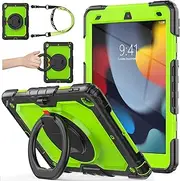 SEYMAC stock Protective Case for iPad 9th/8th/7th Generation 10.2 Inch 2021/2020/2019 with Rotatble Ring Handle Stand, Screen Protector, Adjustable Shoulder Strap,Pencil Holder, Green+Black