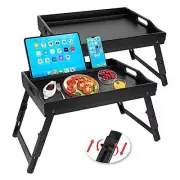 2 Pack Bed Tray Table with Handles Folding Legs, Bamboo Breakfast Food Black
