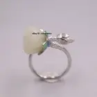 Solid 925 Sterling Silver With Natural White Jade Lotus Flower Ring Adjustable