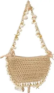 [YUHATRG] Women's Straw Woven Clutch Purse Summer Beach Pearl Conch Starfish Vocation Bag (Shell Shape), Apricot, Small
