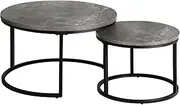 OIKITURE Nesting Coffee Table Set of 2 - Round Stacking Side Table Φ70CM+50CM, Marble-Texture Tabletop Sturdy Base, Easy Assembly for Living Room, Grey