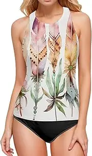 [AIXIWAWA] Women's Tankini Tops-Watercolor Feathers, Swimsuit Top for Beach Pool Vacation S