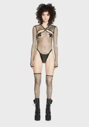 [Club Exx] Starry Dancer Rhinestone Fishnet Bodysuit And Thigh High Stockings Set