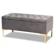 Baxton Studio Valere Grey Velvet Gold Finished Button Tufted Storage Ottoman